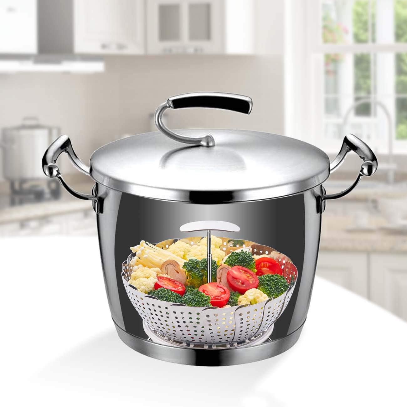 LHS Steamer Basket, Stainless Steel Vegetable Steamer Basket Insert for Veggie Fish Seafood Cooking, Expandable to Fit Various Size Pot (7.5" to 11.4") L