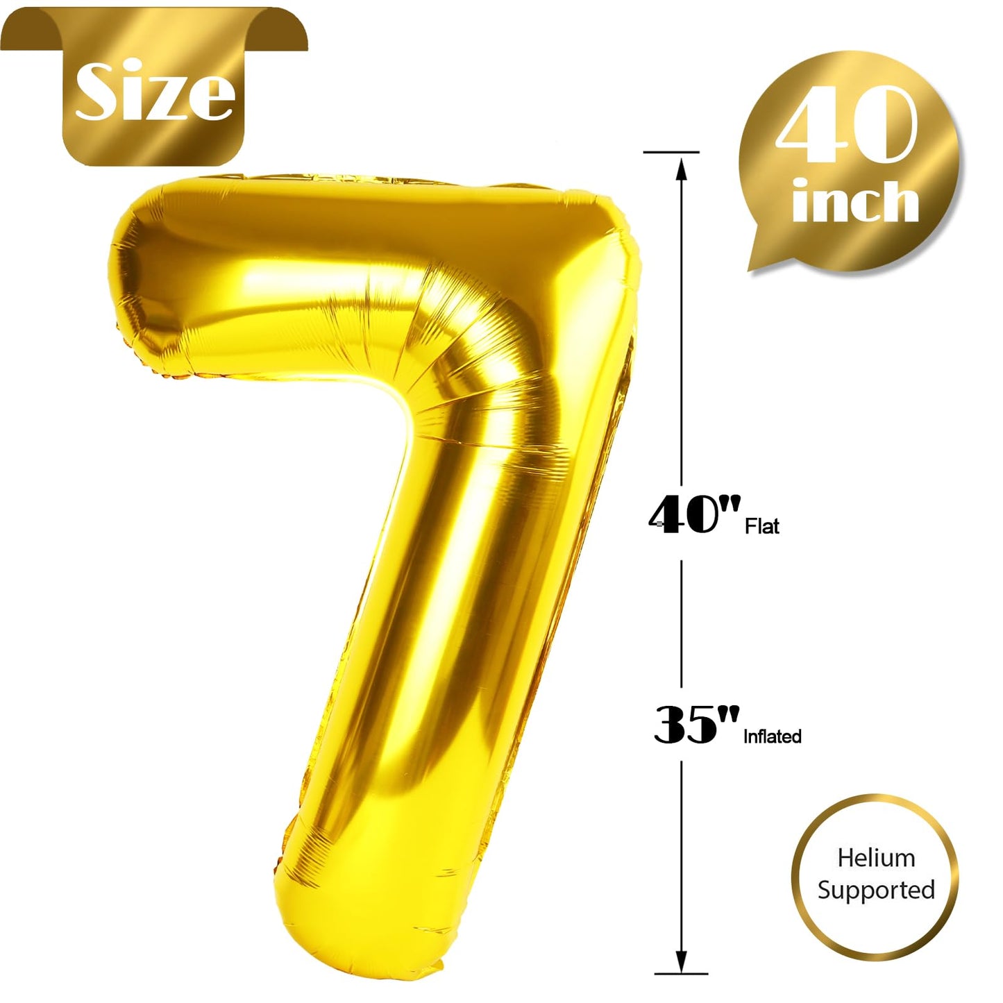 Gold Number 7 Balloon 40 Inch, 7th Birthday Party Decorations for Children, Giant 7 Foil Balloon for Party Supplies