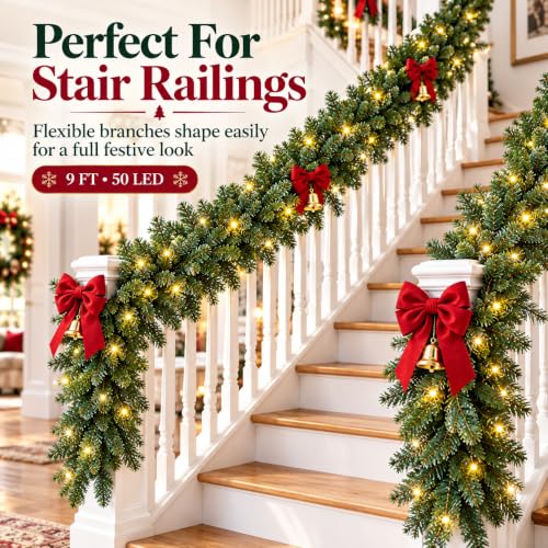 9FT Prelit Christmas Garland with 50 LED Lights – Battery Operated