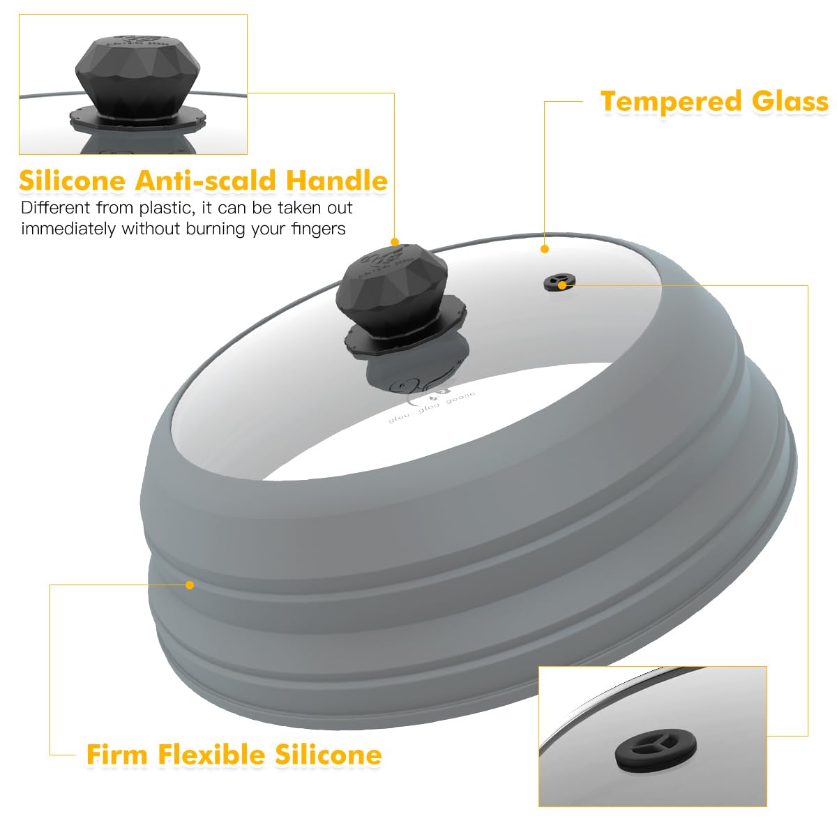 Microwave Splatter Cover Vented Glass Cover Splatter Guard Lid with Collapsible Silicone for Food as Pot Cover Plate Cover 10.8 inch for 6 7 8 9 10 inch Plate Bowl Light Grey