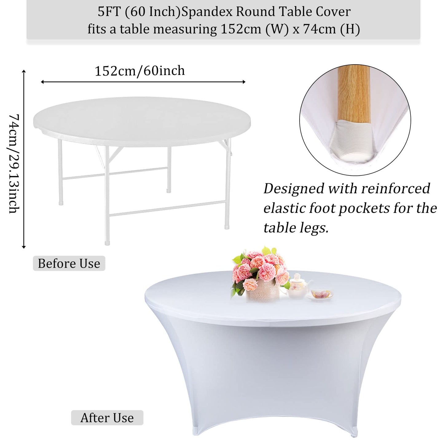4 Pack 6FT Round Spandex Tablecloth 72 Inch White Stretchable Table Cover Washable and Wrinkle Resistant Table Cloth, Fitted Round Table for Wedding, Banquet, Birthday, Party, Restaurant (White)