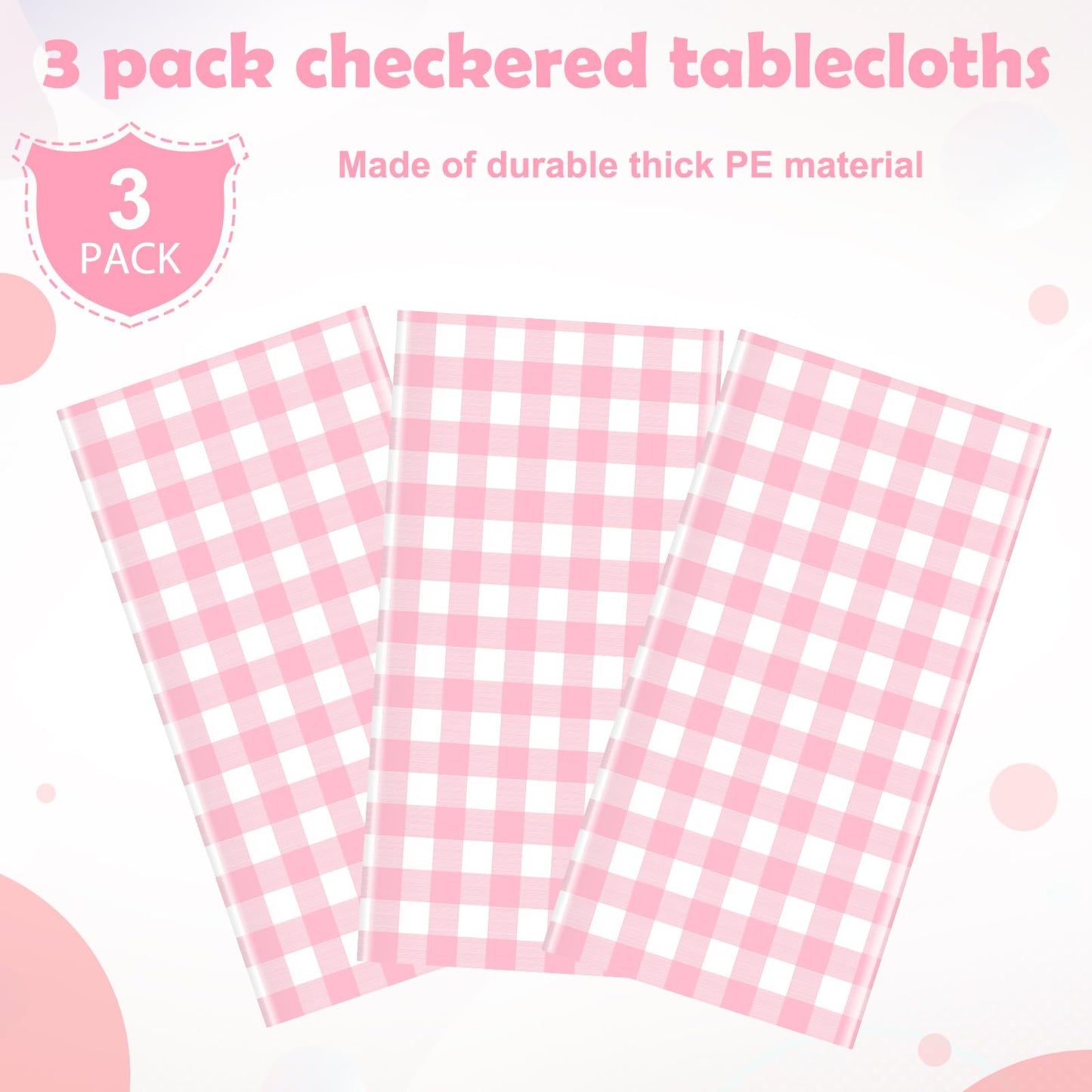 YIDAKO 3pcs 54X108inch Pink Checkered Tablecloth,Pink Gingham Tablecloths Buffalo Plaid Disposable Plastic Table Covers for Birthday Baby Shower Bridal Wedding Party Birthday Decorations