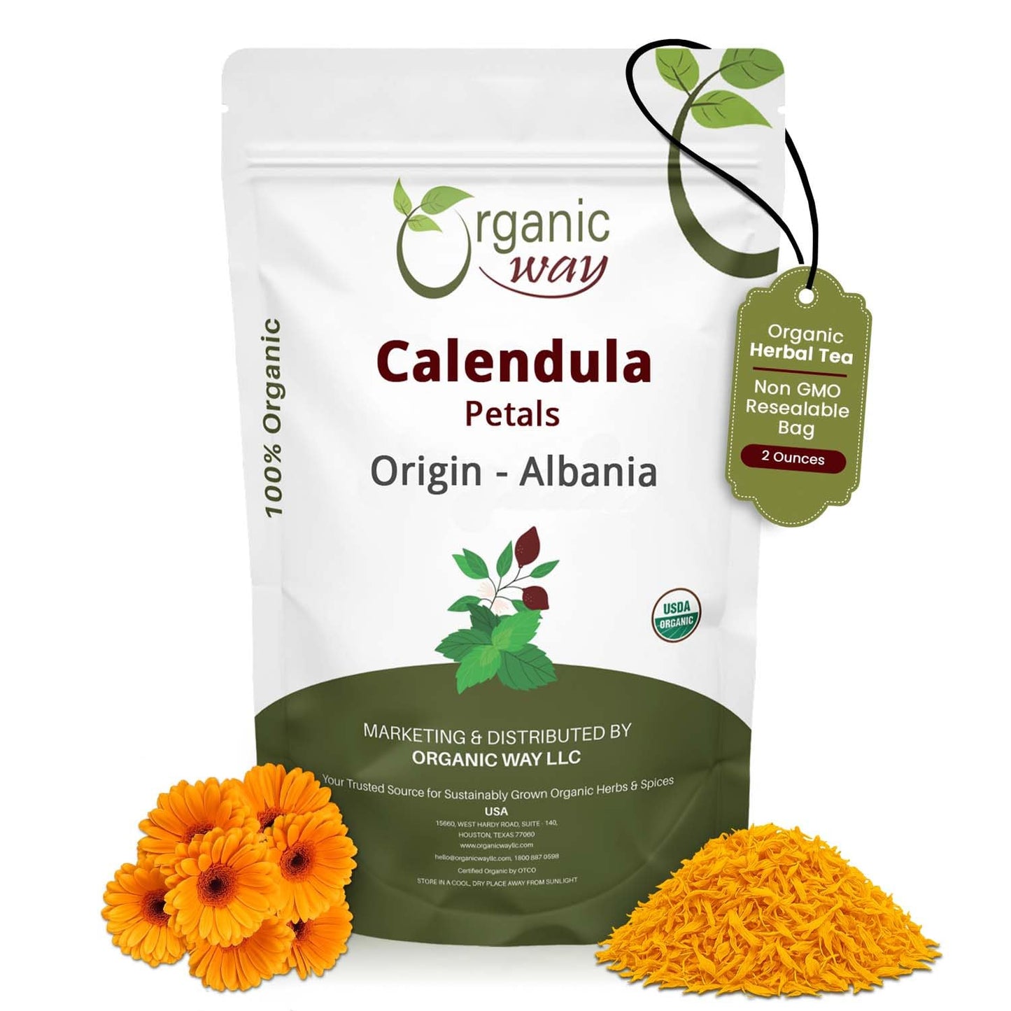 Organic Way Dried Calendula Flower Petals | Herbal Tea (Calendula officinalis) - European Wild-Harvest | Organic & Kosher Certified | Non GMO & Gluten Free | USDA Certified - Origin - Albania (2Oz)