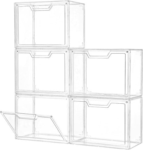 Freebat Stackable Storage Bins - Clear Acrylic Display Case | 5-Pack Storage Boxes with Lids for Handbags & Collectibles