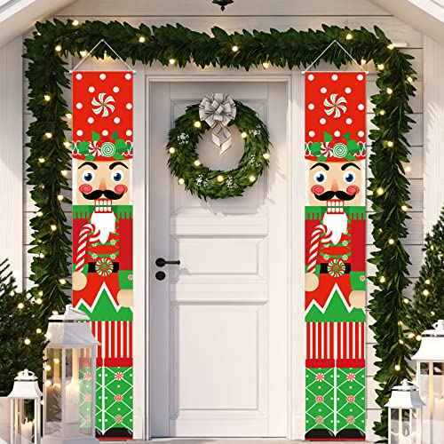Tatuo 2 Pcs Christmas Nutcracker Door Banners Nutcracker Soldier Porch Sign Xmas Cane Candy Hanging Banners Christmas Decorations for Front Door Yard Porch Garden Indoor Outdoor