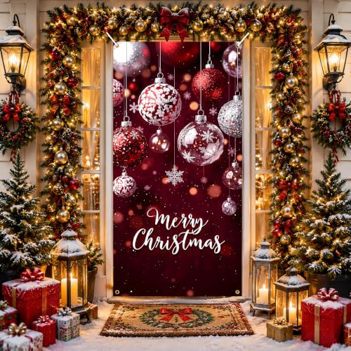 KKYEJLQYI Merry Christmas Door Banner 35x71 Burgundy Glitter Snowflake, Indoor Outdoor Xmas Decor - Merry Christmas-8