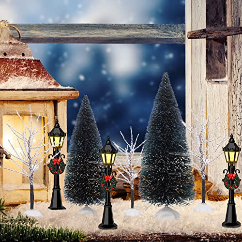 Mini Christmas Trees and Lamp Post Set - Winter Village Decor, 12 pcs