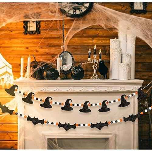 2 Pcs Halloween Bat Decorations Black Felt Bats with Witches Wood Beads Garland Scary Halloween Decoration for Fireplace Mantle Walls Haunted House Decoration (Black-2pcs)