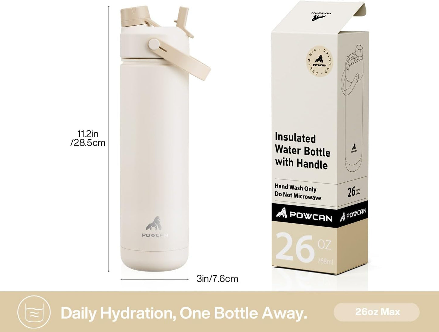POWCAN 26 oz Insulated Water Bottle - 2-in-1 Straw & Spout Lid | Leak-Proof, Keeps Drinks Cold 24H, Mousse