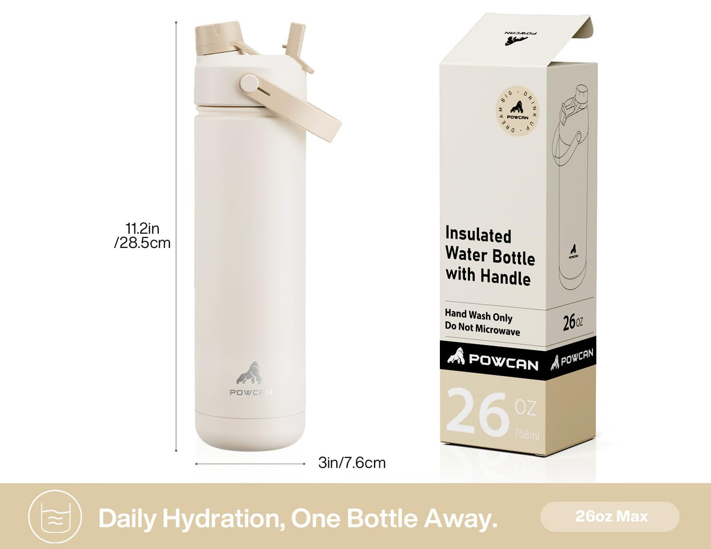 POWCAN 26 oz Insulated Water Bottle with 2-in-1 Straw and Spout Lid, Keep Cold 24H, Leak-Proof, Fits in Car Cup Holder, Stainless Steel Water Bottle for Gift, Gym, Travel and Home (Ivory Porcelain)