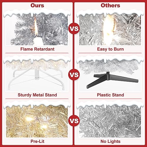 Decoway 6ft Slim Christmas Tree with 200 Warm White LEDs – Pre-lit, Silver