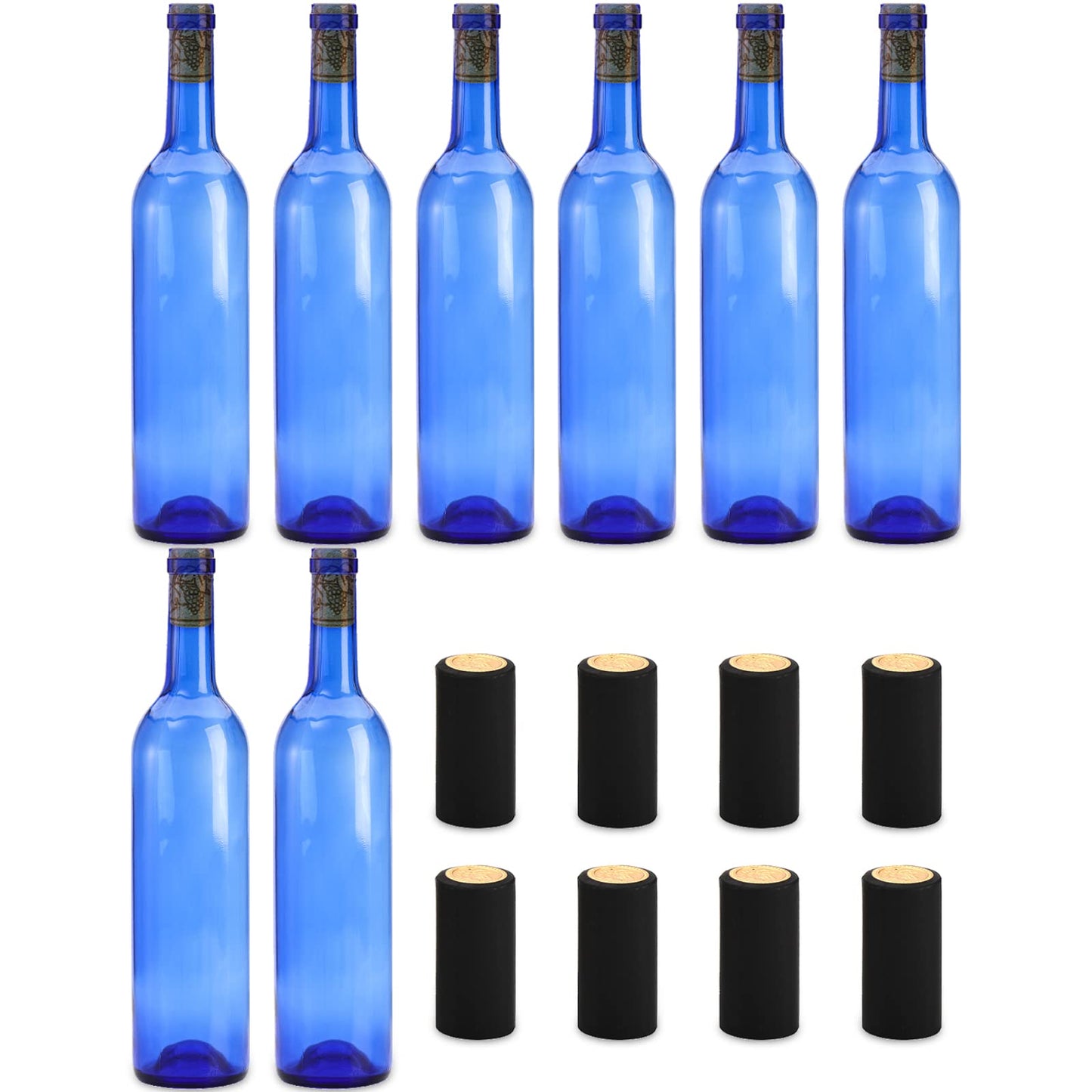 DEAYOU 8 Pack 750ml Bordeaux Wine Bottles, Glass Clear Bottles with 8 Corks and 8 PVC Shrink Capsules, Flat-Bottomed Empty Bottle for Claret, Liquor, Champagne, Juice, Beverages, Decors, Cobalt Blue