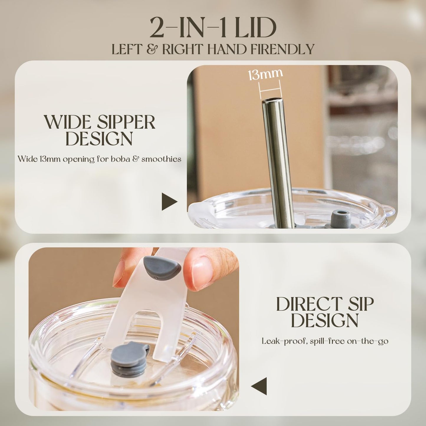 KEMORELA 24oz Clear Glass Tumbler with Handle, Lid & 13mm Stainless Steel Straws,2 set–Wide-Mouth Reusable Glass Cups for Cold & Hot Drinks, Ideal for Boba,Smoothies, Iced Coffee & Juice, Travel Cup