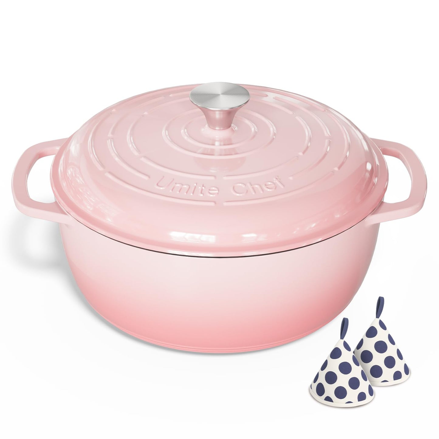 Umite Chef 6QT Enameled Cast Iron Dutch Oven with Lid, Versatile Heavy-Duty Cookware Pot for Baking Bread, Braising, Soups & Stews, Oven & Stovetop Safe with Heat Resistant Gloves(Pink)