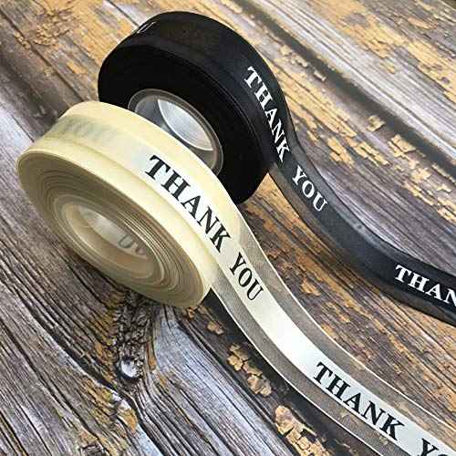 2 Rolls Satin Organza Ribbons for Thanksgiving Father's Valentine's Day Gift Wrapping,1 Inch by 25 Yard Thank You Printing,Wedding Favor Cake Decoration Handmade Crafts (Black+Champagne)