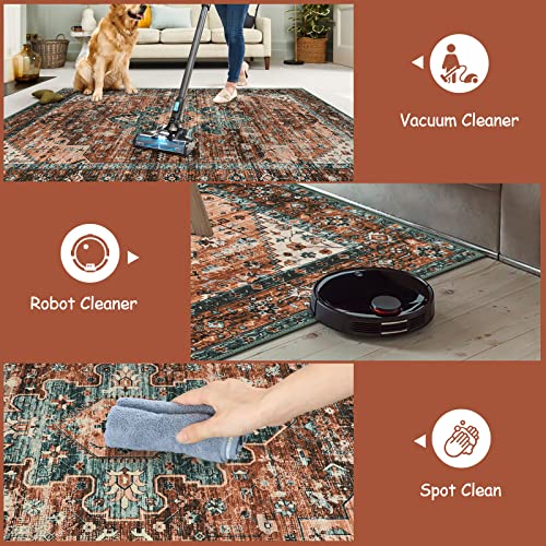 Ultra-Thin Vintage Area Rug 6x9 Brick Red Non-Slip Washable Living Room Carpet