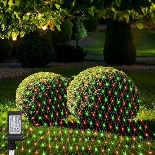 LYHOPE 12ft x 5ft 360 LED Christmas Net Lights - Red & Green, 8 Modes, 30V Low Voltage, IP44 Waterproof