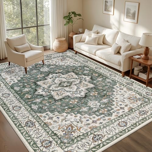 ExpediX Green Ivory 5' x 7' Washable Area Rug for Living Room & Bedroom