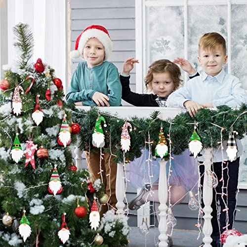 Jetec 40 Pcs Christmas Wooden Gnome Ornament Gnome Hanging Ornaments Handmade Decoration Santa Doll Wooden Hanging Craft for Xmas Tree Decor Holiday Party