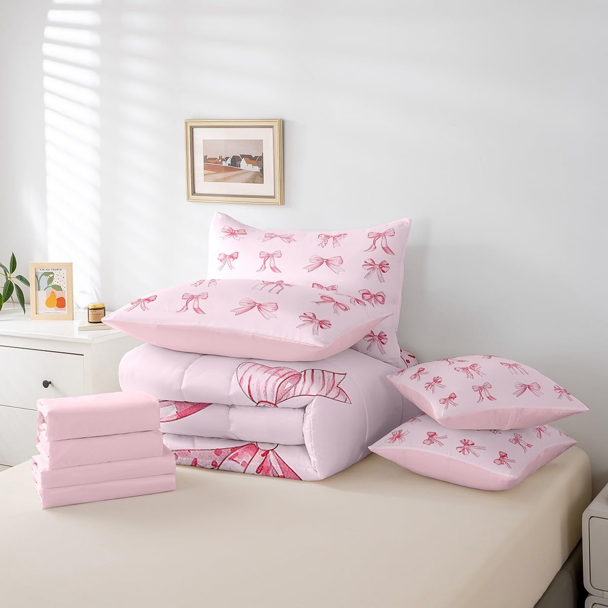 Feelyou Pink Bowknots Decoration 7 Piece Bedding Set Twin Size for Girls Pink Bow Dreamy Kids Bed in a Bag Girly Pink Bed Set