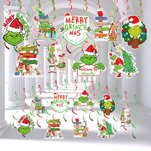 36pcs Marry Grinchmas Hanging Green Monster Streamers Decorations,Hanging Swirls Party Decorations Christmas Ceiling Decorations Christmas Birthday Party Decorations Outdoor Decor