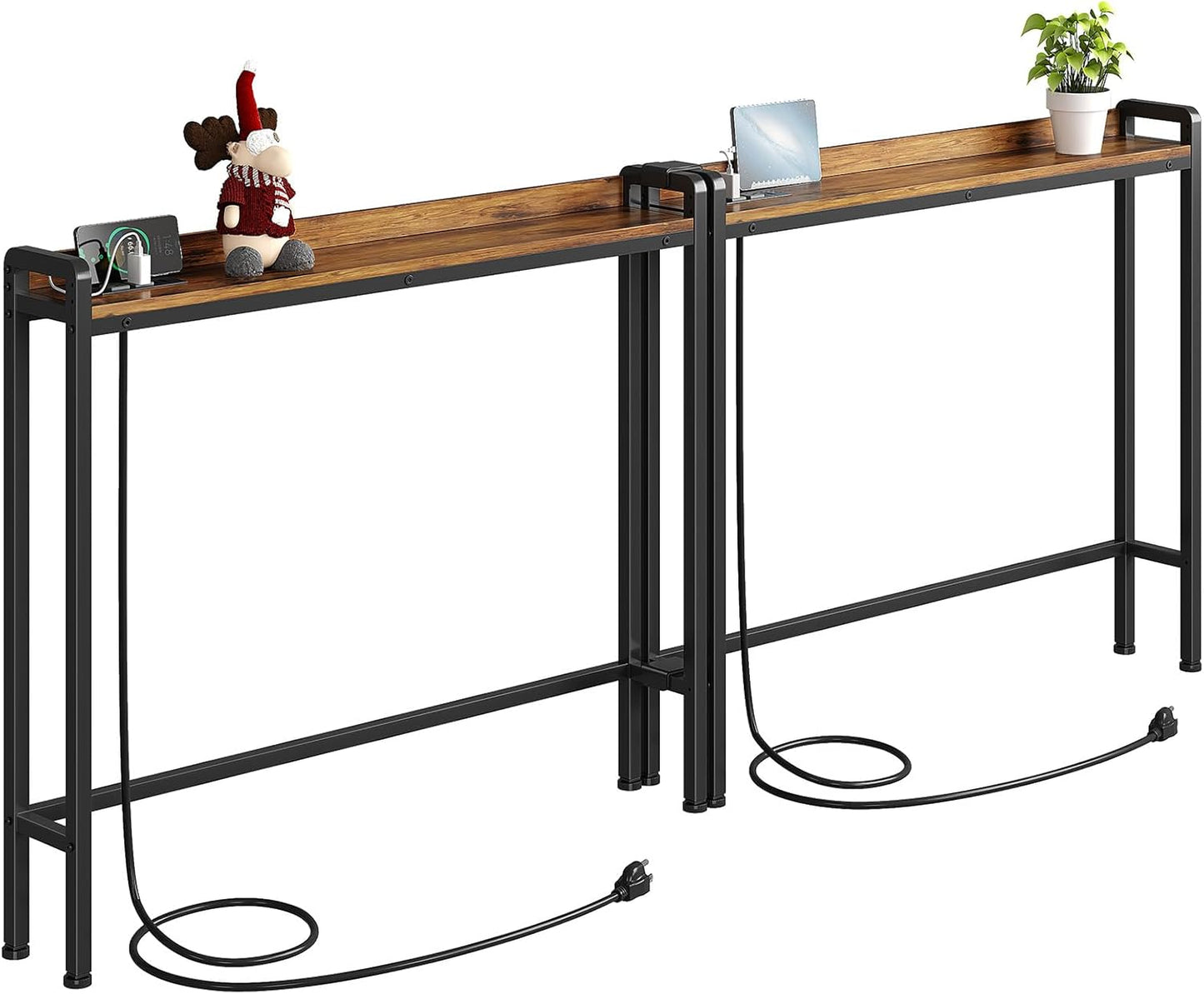 Kitstorack Narrow Entryway Console Table - 2-Pack with Elevated Rear Fence & 2 Power Outlets | 79" Long x 5.9" Wide x 33.3" High, Brown