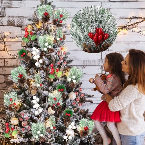Retrowavy 56-Piece Christmas Floral Picks Set with 8 Styles, Snowy Red & White Berries