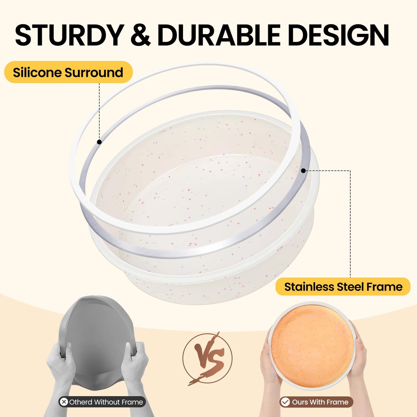Vinino 8 Inch Silicone Round Cake Pan with Metal Reinforced Frame Set of 2, Nonstick Silicone Springform Pan for Baking Suitable for Making Layers, Cheese & Chocolate Cakes