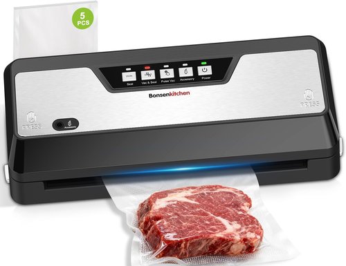 Bonsenkitchen Vacuum Sealer Machine - Multifunctional Food Sealer with Built-in Cutter & 5 Pre-Cut Bags, Black