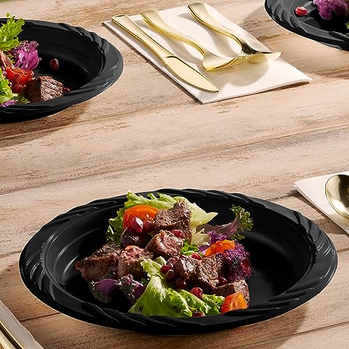 9 Inch Black Plastic Dinner Plates Set - Bulk Pack of 200 Disposable Plates