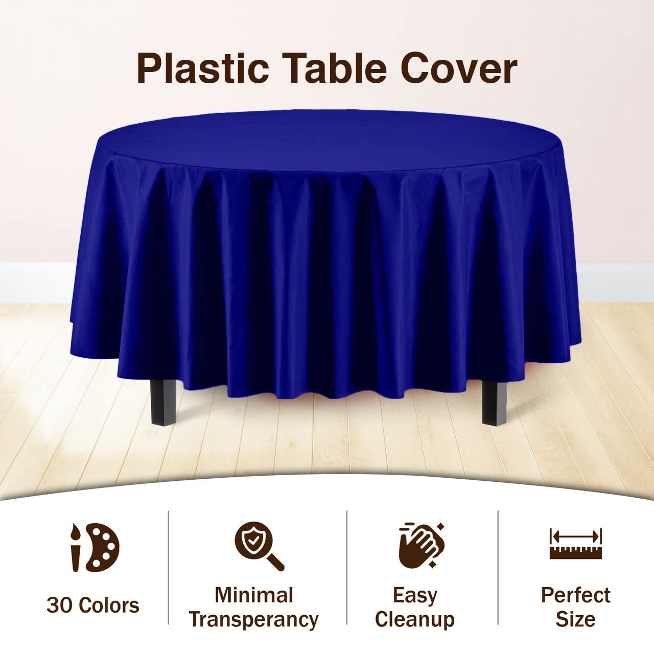 Party Solids Pack Of 6 Premium Plastic Tablecloth 84 Inch Round Plastic Table Cover - Navy