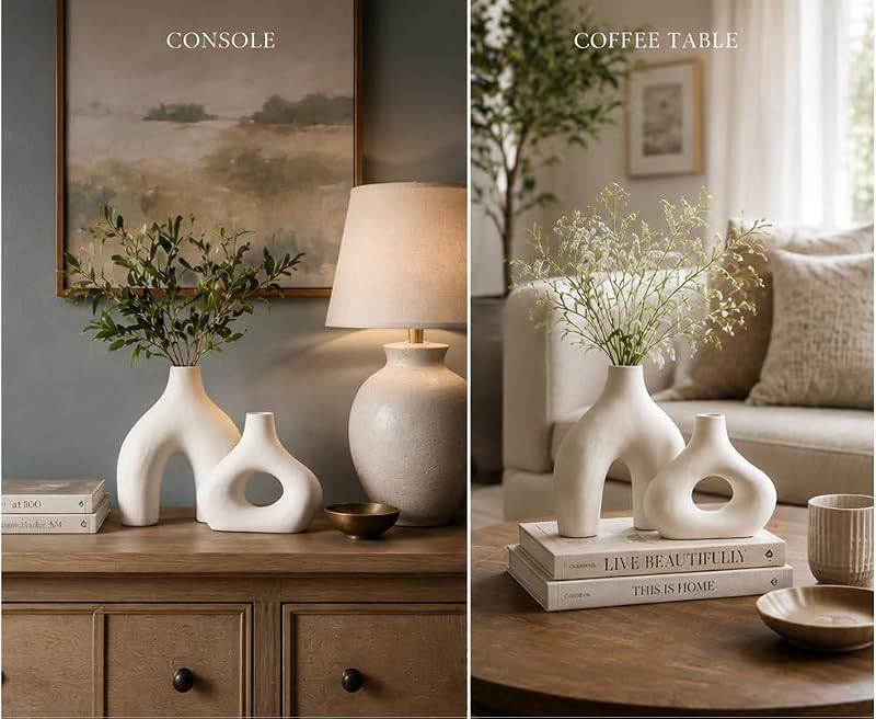 Carrot's Den Ceramic Vase Set of 2 - Warm White Modern Donut Shelf Decor