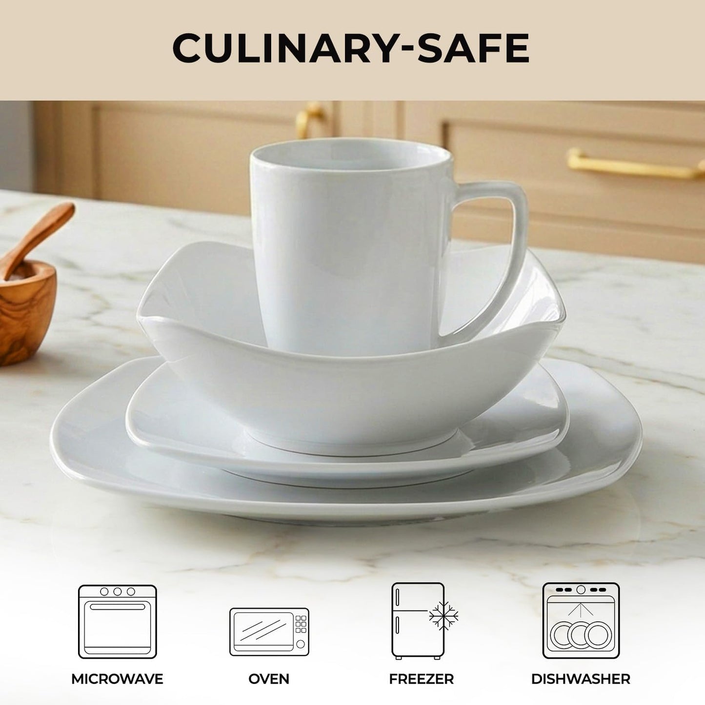 Zulay Kitchen 16-Piece Modern Porcelain Dinnerware Set - Chip & Scratch Resistant | Microwave & Dishwasher Safe, Pearl White