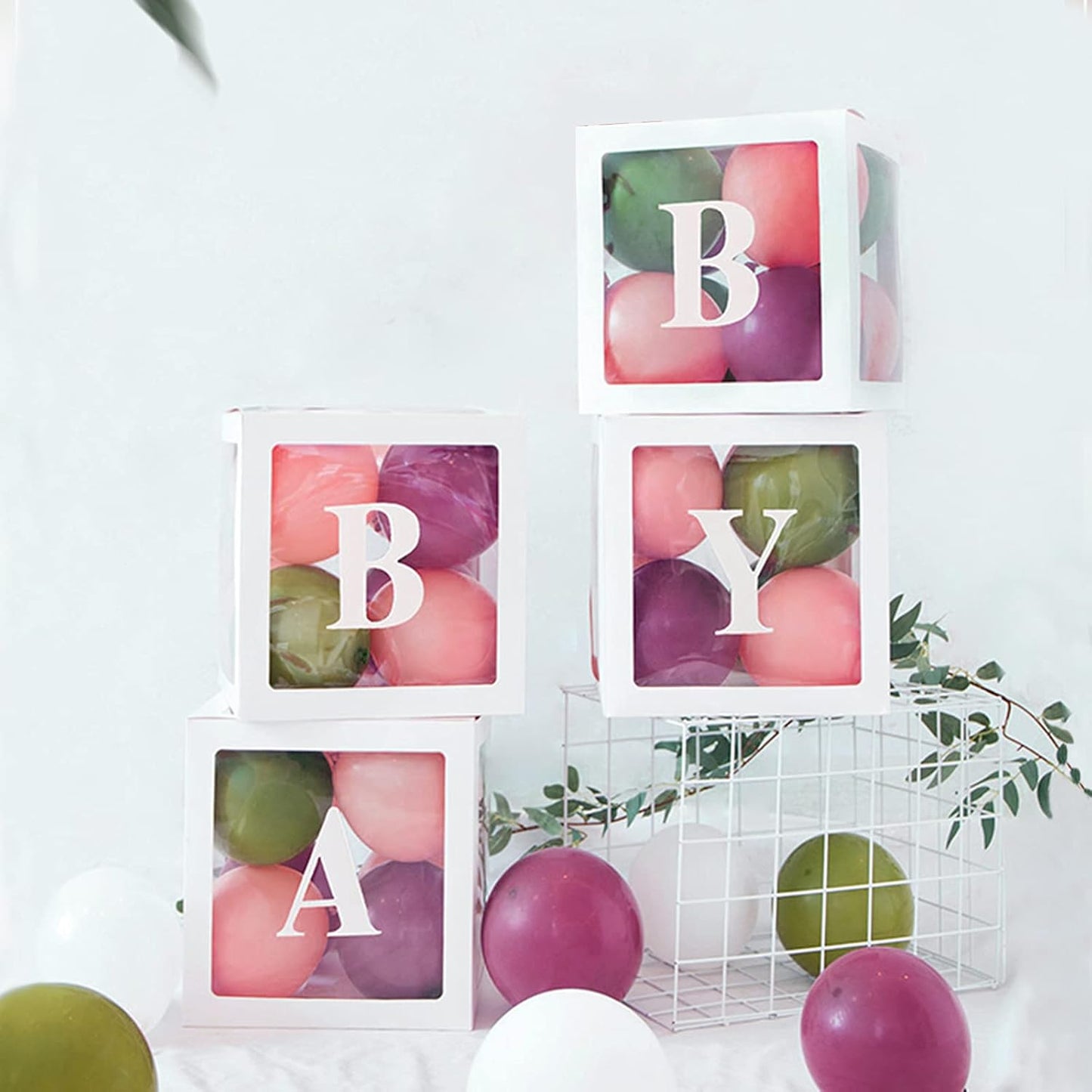 Skiennix Baby Boxes with Letters - Clear Gender Reveal Decorations | 4 Transparent Balloon Boxes