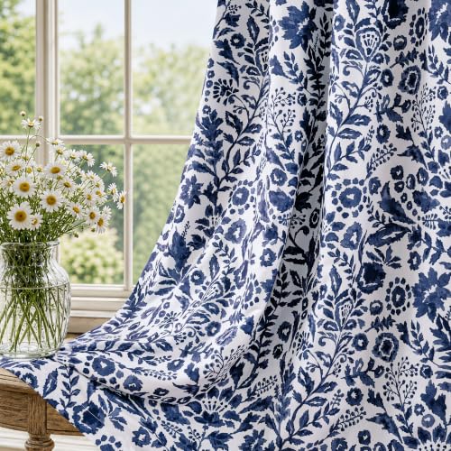 Navy Grommet Blackout Curtains 2 Panels - 52x84 Inches, Modern Floral Design