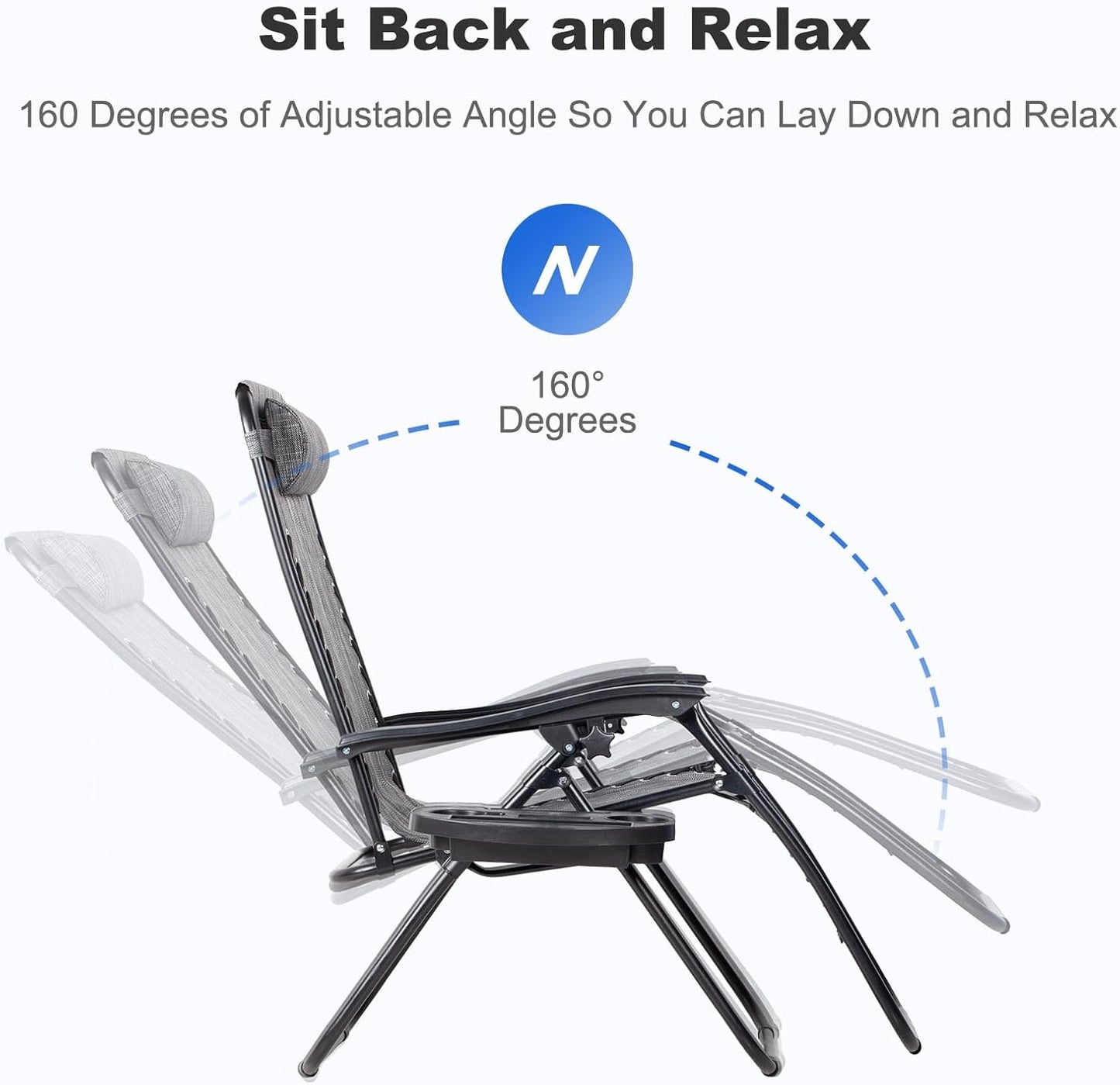 Nazhura Adjustable Zero Gravity Lounge Chairs - Set of 2 Relaxing Patio Recliners with Pillow & Cup Holder | Grey
