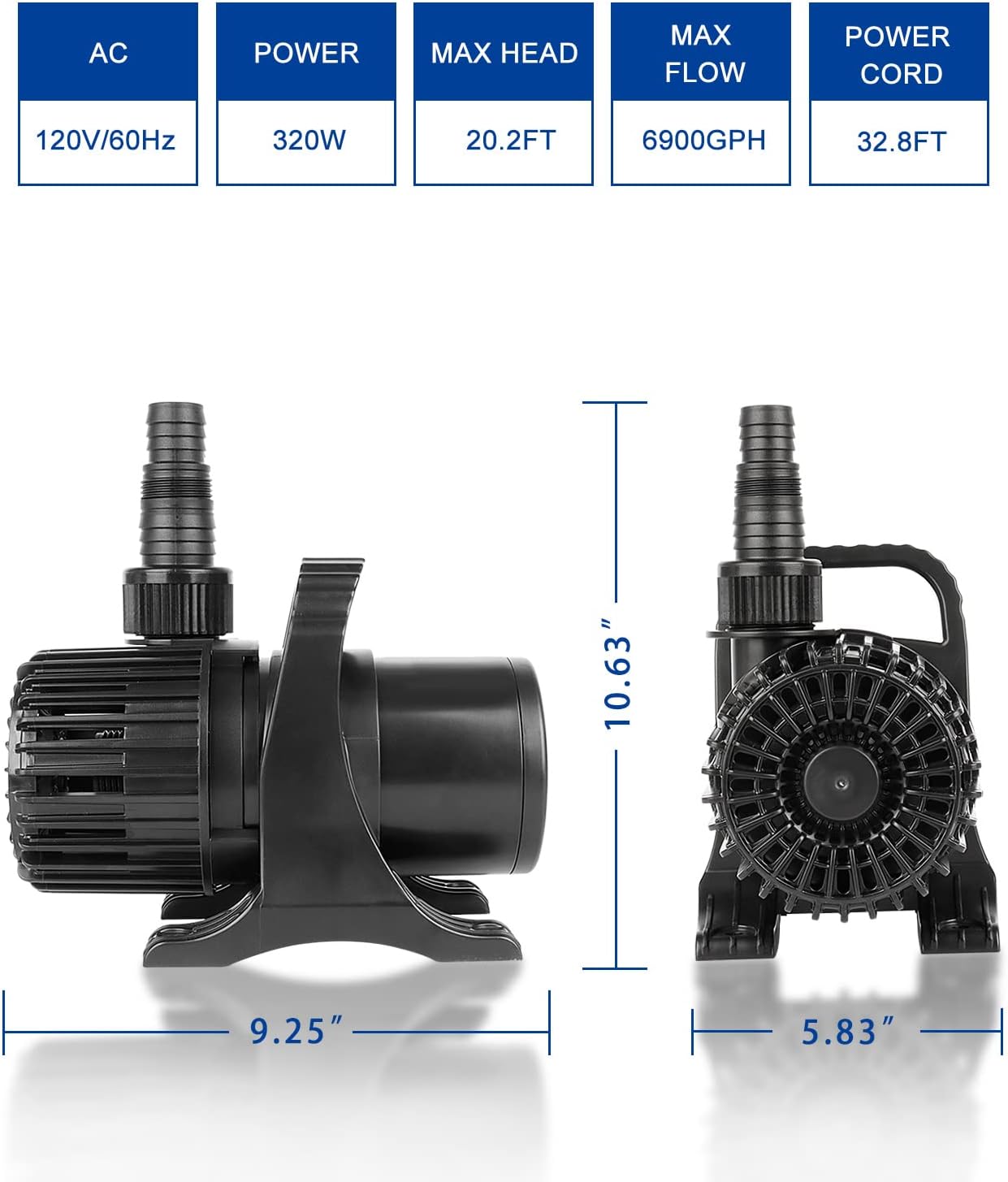 OYO WATER Submersible Pond Pump - 6900 GPH, 320W, 32.8FT Cord for Quiet Waterfalls & Fountains
