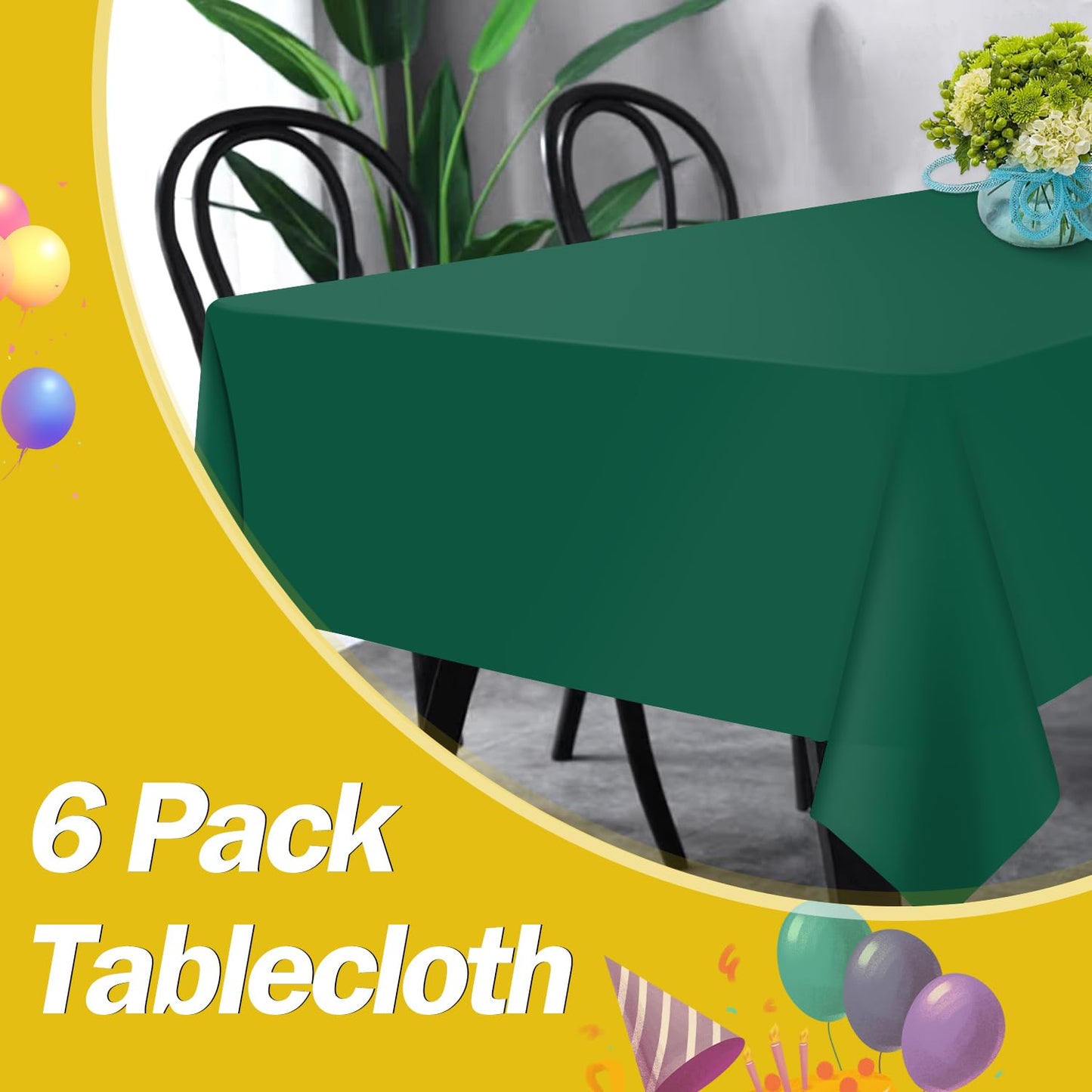 tujol Dark Green 6 Pack Plastic Table Cloth 54" x 108", Disposable Tablecloths Rectangle Table Cover, Plastic Tablecloths for Parties