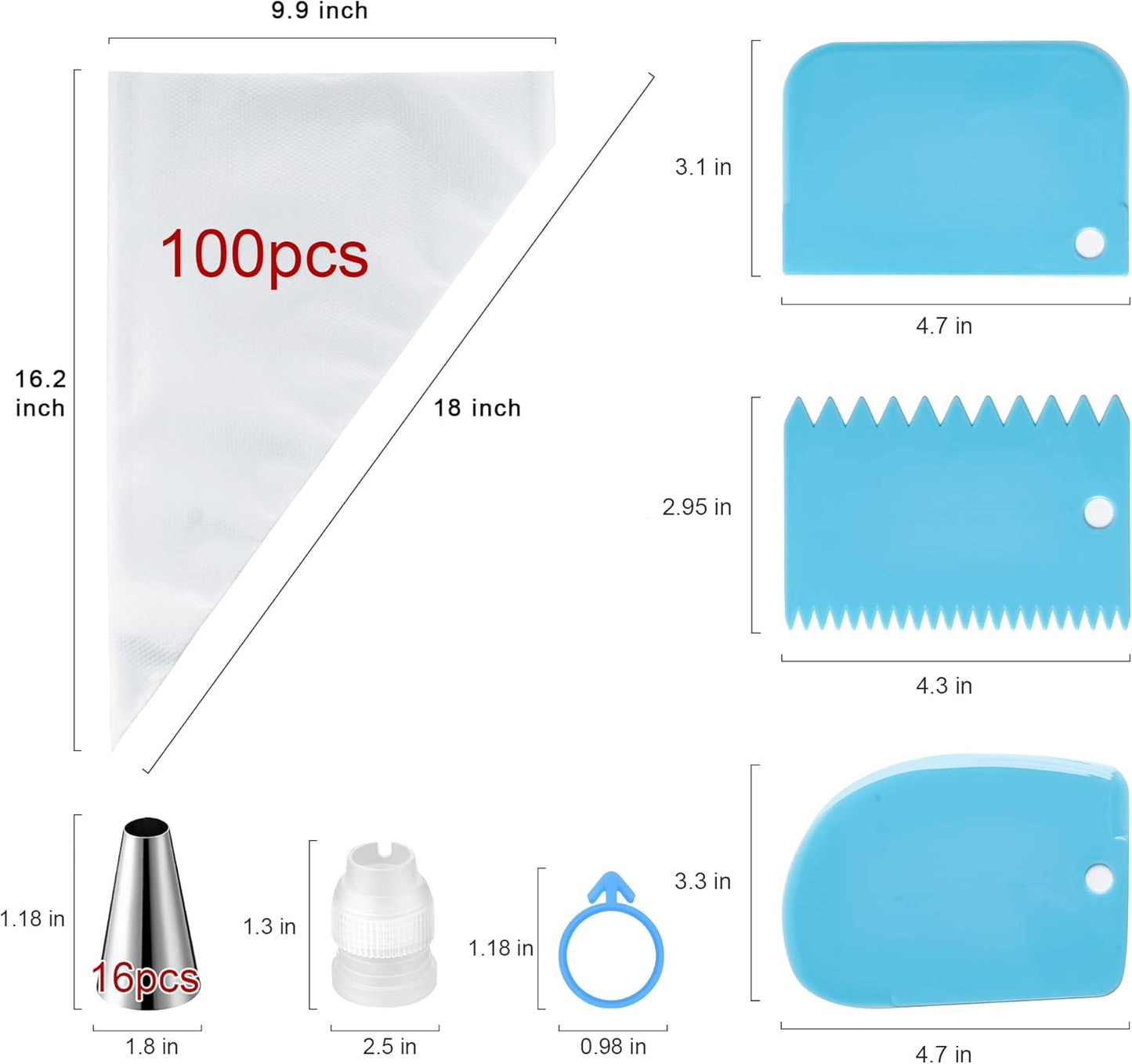 Skiennix Piping Bags and Tips Set - 100pcs 18 Inch Pastry Bags with 16 Tips, 3 Scrapers & More