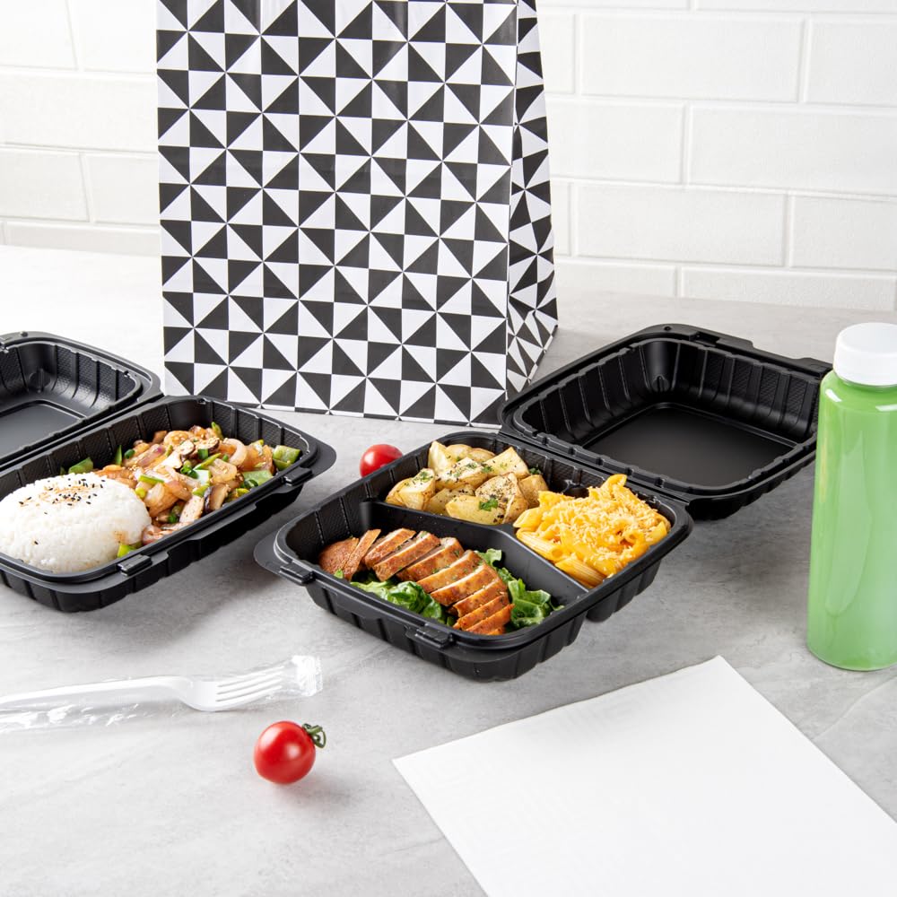 Restaurantware Thermo Tek 8 x 8 x 3 Inch Mineral-Filled Take Out Containers 100 Durable To Go Containers - Heavy-Duty Disposable Black Plastic Clamshell Containers Suitable For Hot & Cold Foods