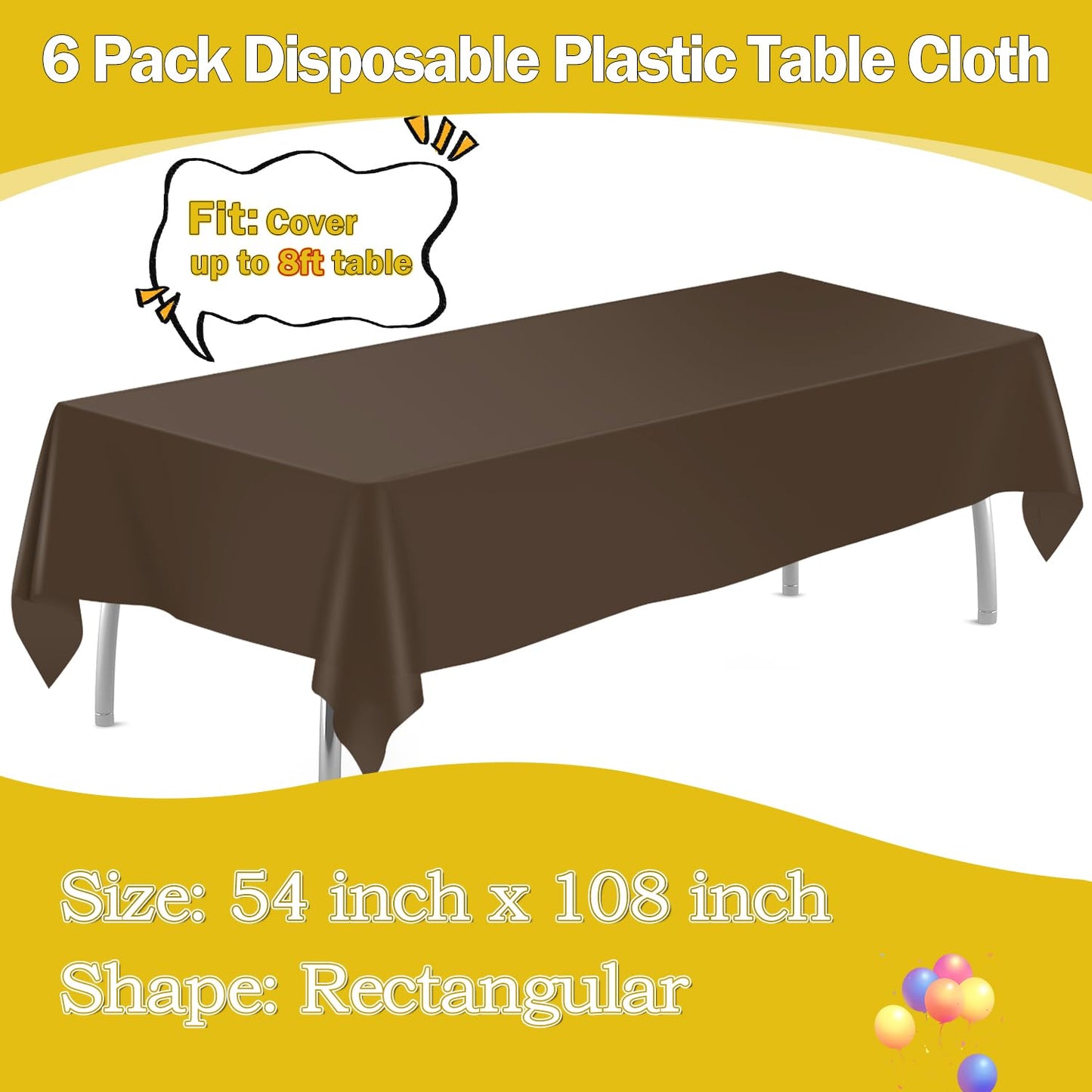 tujol Brown 6 Pack Plastic Table Cloth 54" x 108", Disposable Tablecloths Rectangle Table Cover, Plastic Tablecloths for Parties