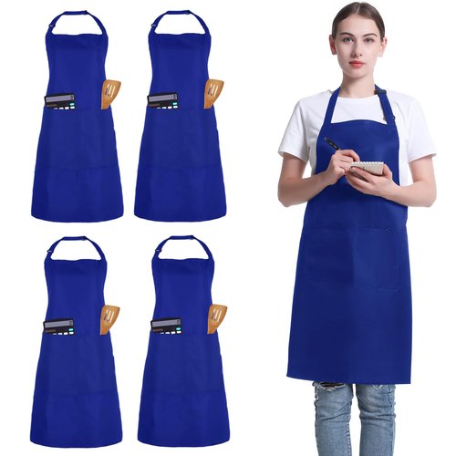 FunChaos 4 Pack Chef Apron, Adjustable Apron with 2 Pockets, Unisex Personalised Apron for Cooking, Kitchen, Restaurant (Blue)