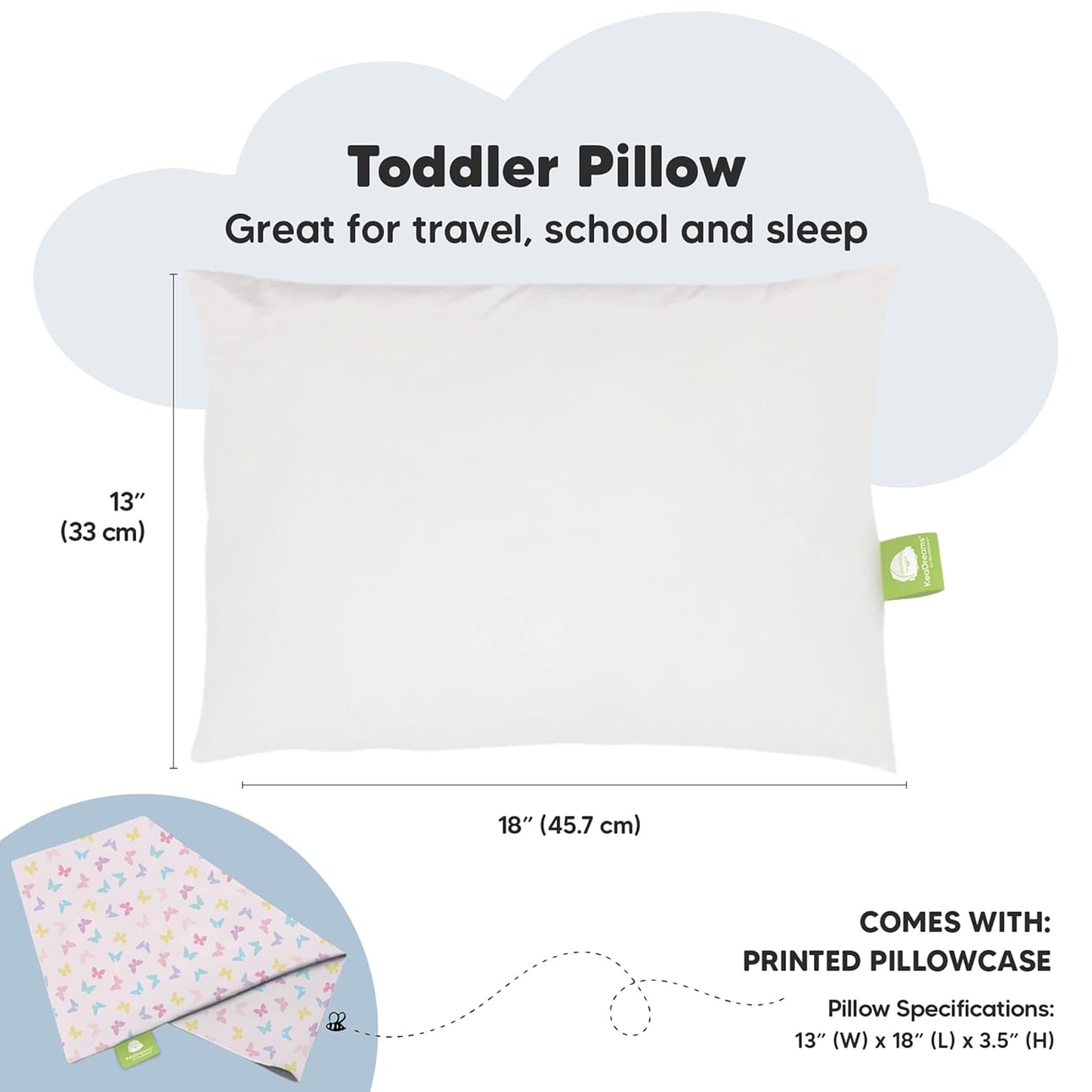 My Little Dreamy Toddler Pillow - Soft Organic Cotton Travel Pillow with Case, 13x18, Machine Washable, Ages 2-5 (Flutter)