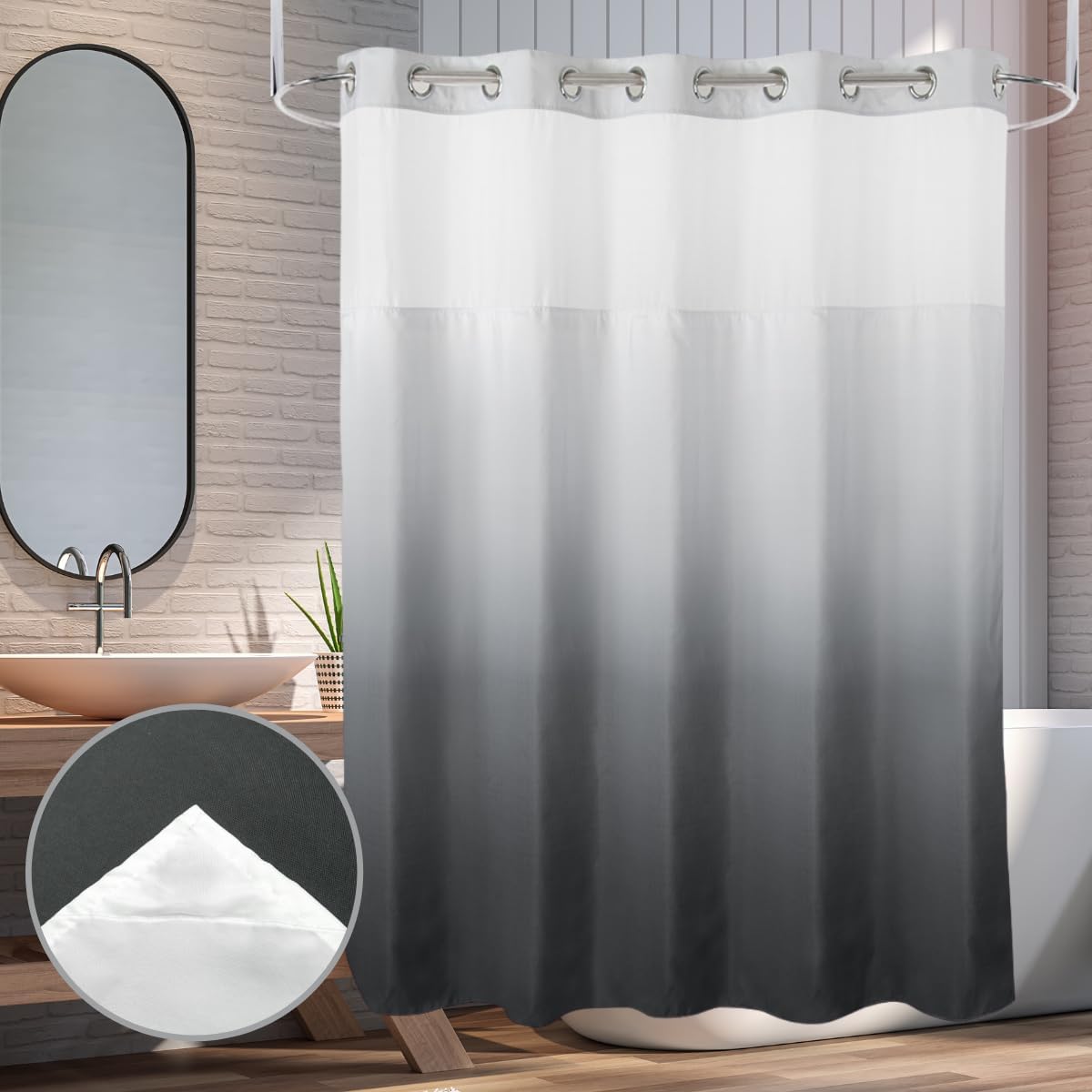 Regine Switzerland Hook-Free Fabric Shower Curtain - Hotel Quality, 71” W x 74” L, Gradient Grey
