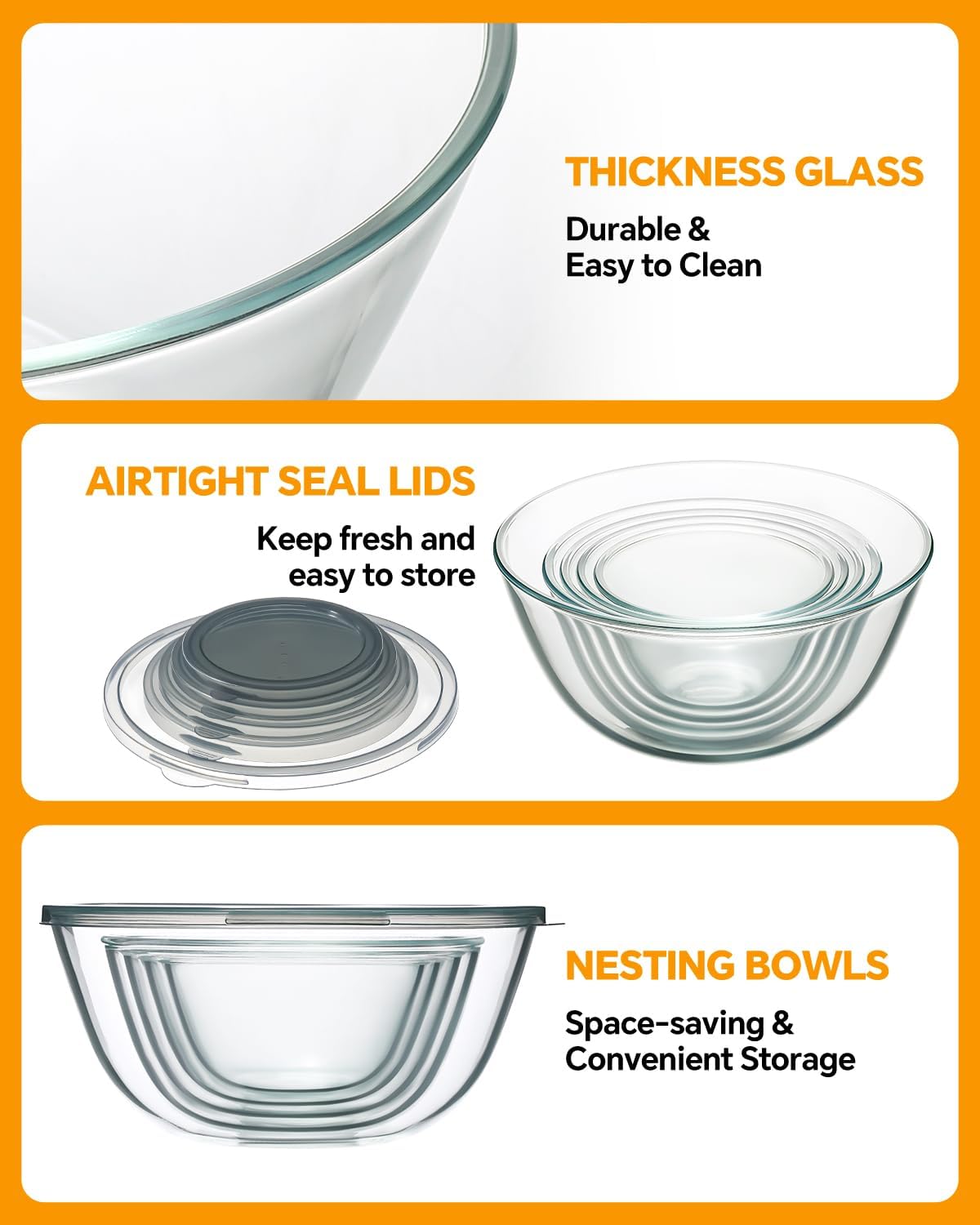 Skiennix Glass Mixing Bowls Set of 5 - Thick Nesting Bowls with Lids for Baking & Storage | Dishwasher & Microwave Safe