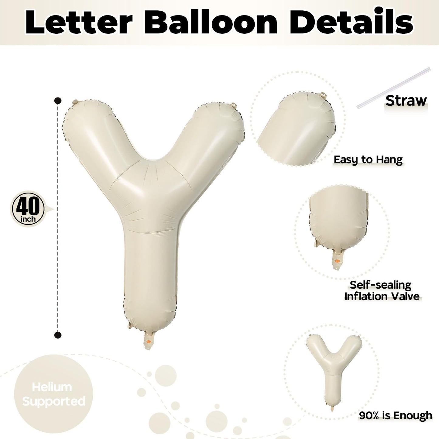 40 Inch Beige BOY Balloons, Large Cream White Sand BOY Balloon Letters with Ribbon, Ivory Alphabet Boy Balloon for Him Birthday Baby Boys Shower Boy or Girl Gender Reveal Party Decorations Supplies