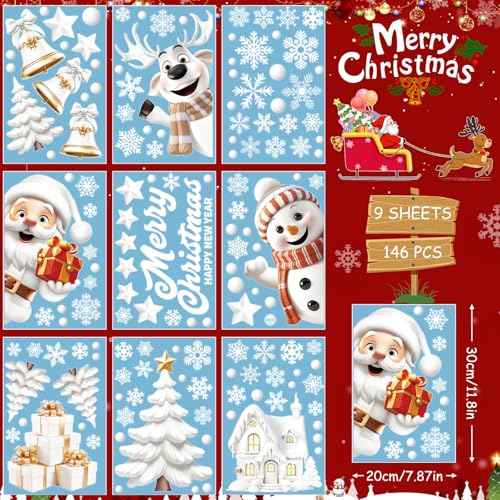 146PCS Christmas Window Clings, Snowflake Stickers for Glass, 3D Xmas Window Christmas Decorations for Home & Holiday Party