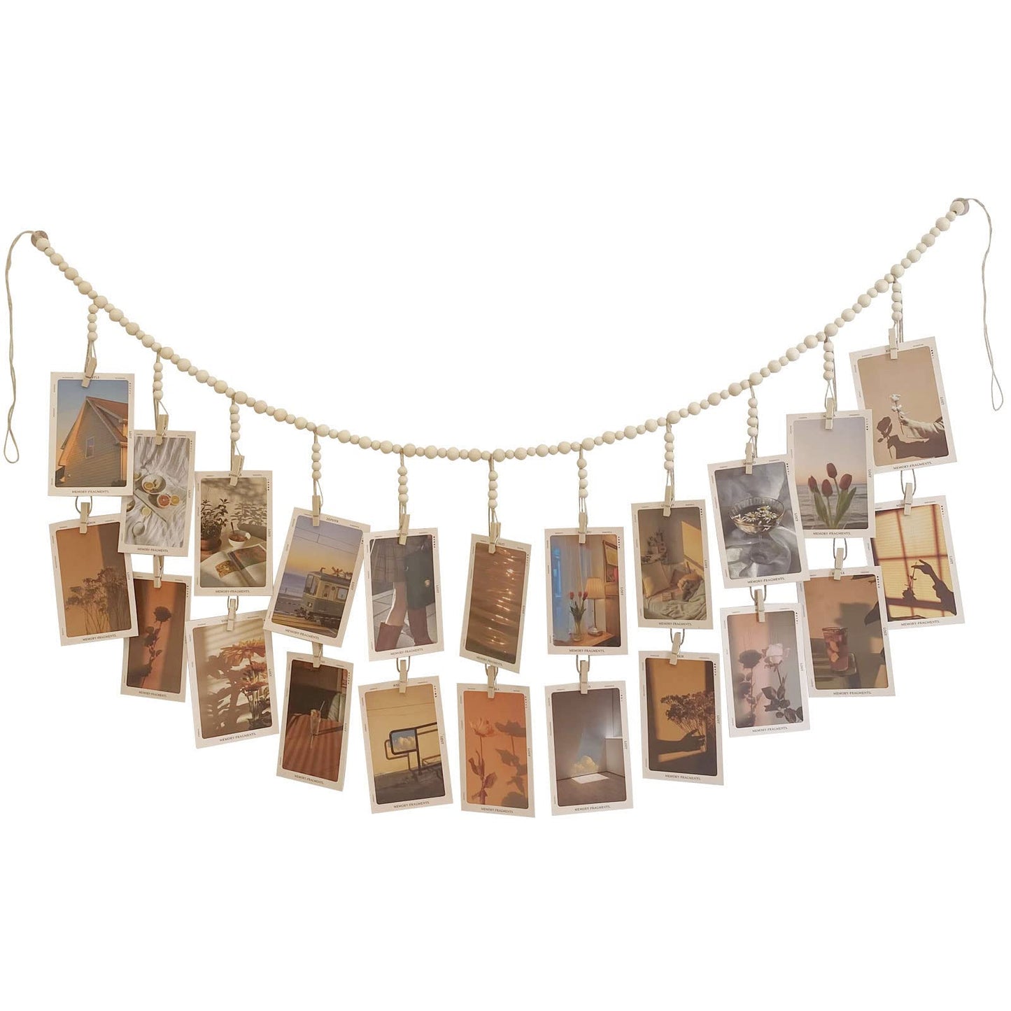 Kintyno Hanging Photo Display with 22 Clips, Wooden Bead Garland, Boho Style Collage Photo Frame Decoration for Dorms, Classrooms, Bedrooms