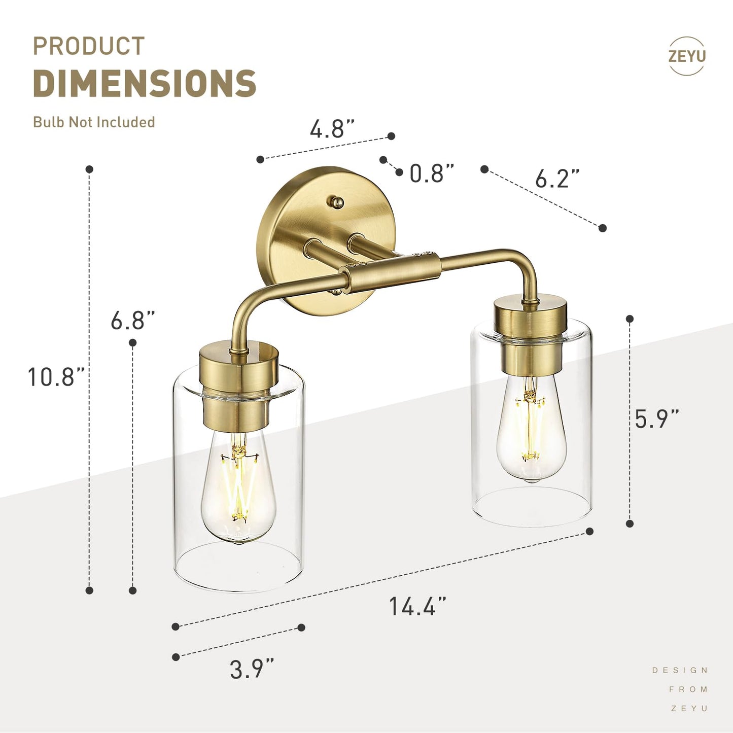 zeyu 14.4 Inch Vanity Light Fixture, Vintage Bathroom Lamp, Gold Bathroom Light Fixtures with Clear Glass Shade, Brushed Gold Finish, ZS62B-2W BG