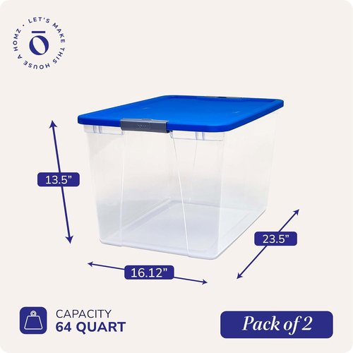 HOMZ Clear Plastic Storage Organizer Bins - 64 Quart Stackable Containers with Secure Latch & Blue Lid
